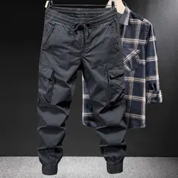 Spring Autumn New Fashion Solid Color Elastic Waist Drawstring Men's Clothing Casual Pockets Korean Bound Feet Thin Cargo Pants