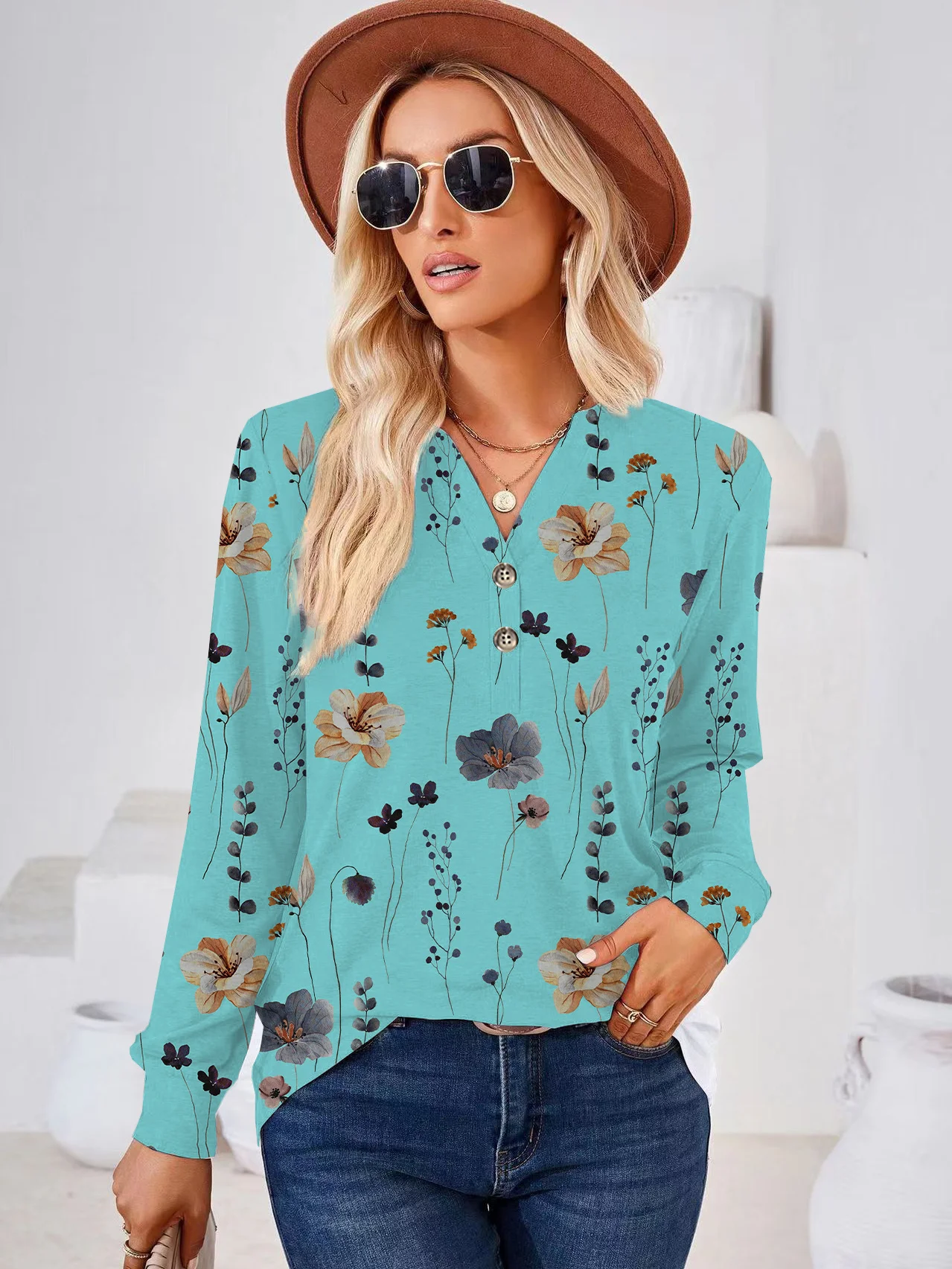 

Осень-зима Свободная женская футболка с длинным свеком и цветочным принтом на пуговицах V Ne Casual Base irt Street Sle с цветочным узором