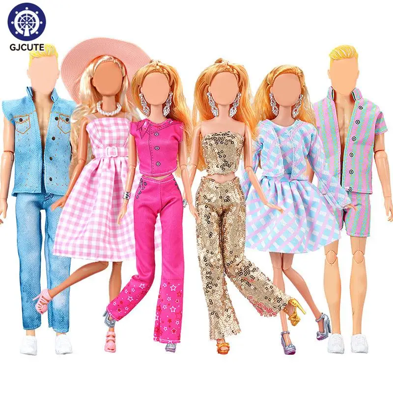 1/6 Doll Checkered Dress Sequin Top Pants Necklace Shoe Outfits Fashion Clothes Set Accessories For 30cm Doll Girls Toys Gift