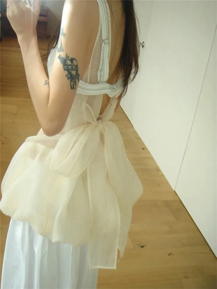 เซ็กซี่ฤดูร้อนใหม่โปร่งใส SHEER ตาข่าย Suspender ชุดมินิเก๋โบว์ Backless สีดํา Beige สายรัดแขนกุด SLIP Bud ชุด