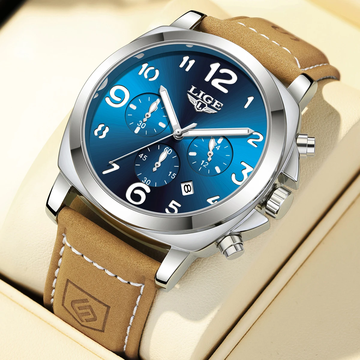 LIGE Casual Outdoor Quartz Man Watch Fashion Sport Waterproof Luminous Auto Date Leather Strap Wristwatch for Men Male Gifts Box - view 6