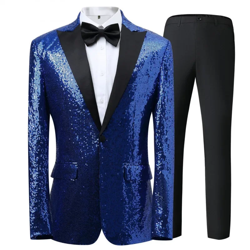 Premium Performance Suit for Men 2-Piece Set Sequined Jacket Black Pants with Tie Evening Dress for Hosts Speaker Wedding Party