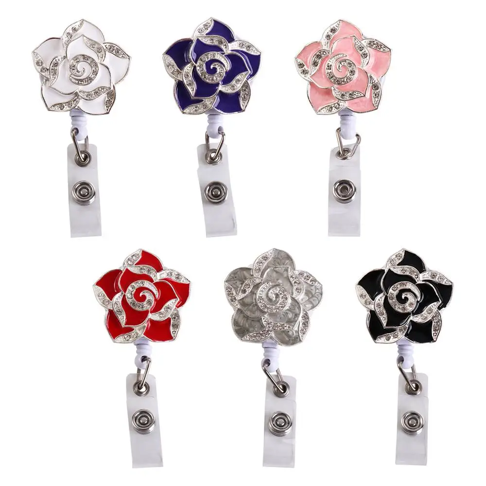 Supplies Rose Flower Name Card Holder Name Tag Retractable Badge Reel Diamond Badge Reel Certificate Clasp Badge Holder