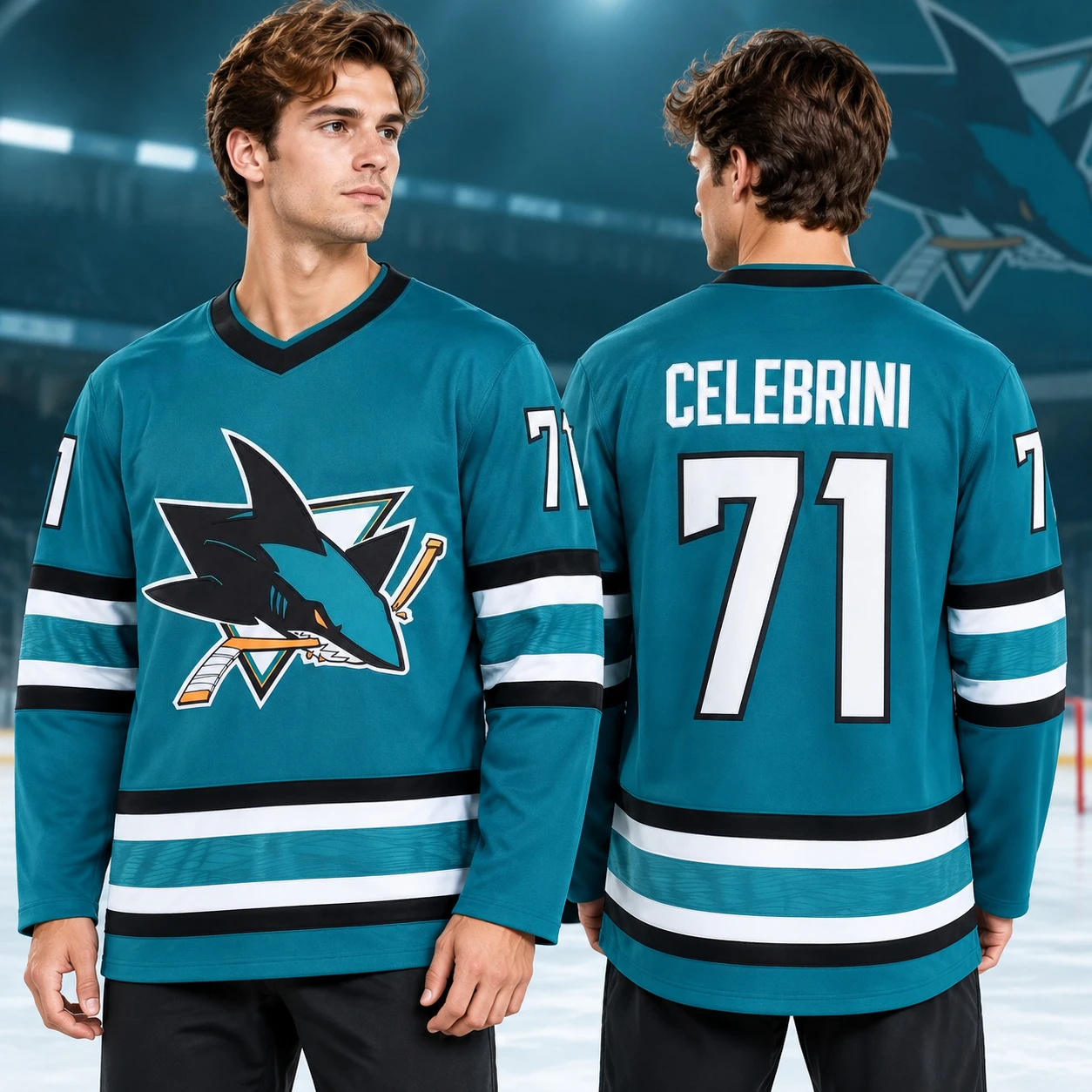 3D Printing Jersey - เสื้อฮอกกี้ - สีเขียวอมฟ้า/ดำ/ขาว ตกแต่งด้วยโลโก้ฉลาม 