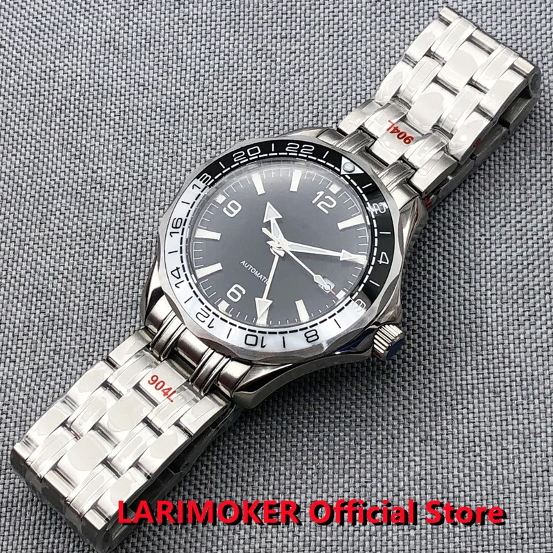 

LARIMOKER New 41mm Silver GMT 3804 Automatic Men Watch Ceramic Bezel Stainless Steel Polishing Strap Sapphire Glass