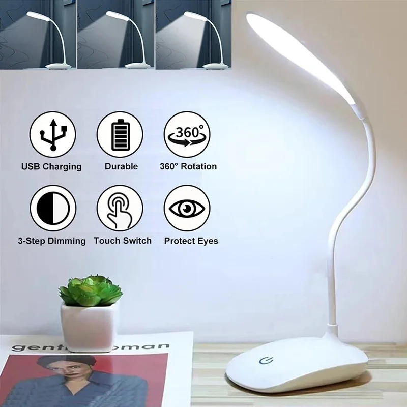 Portable USB Rechargeable LED Desk Lamp Touch 3 Modes Dimming Table Lamp Eye Protection For Office Bedroom Bedside Reading Light
