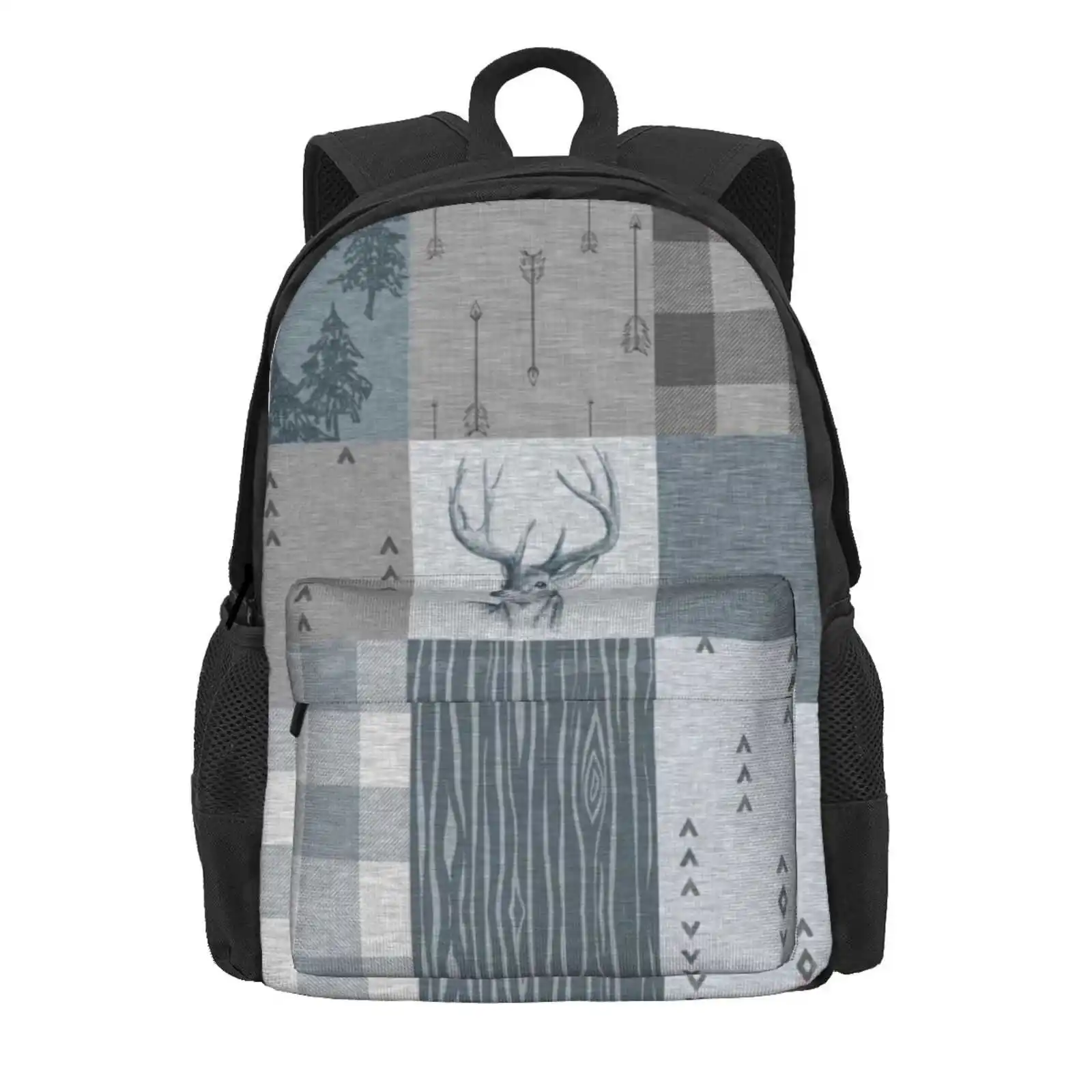 Deer Patchwork - Rustic Blue And Grey Hot Sale Schoolbag Backpack Fashion Bags Woodland Patchwork Pattern Blue Gray Grey