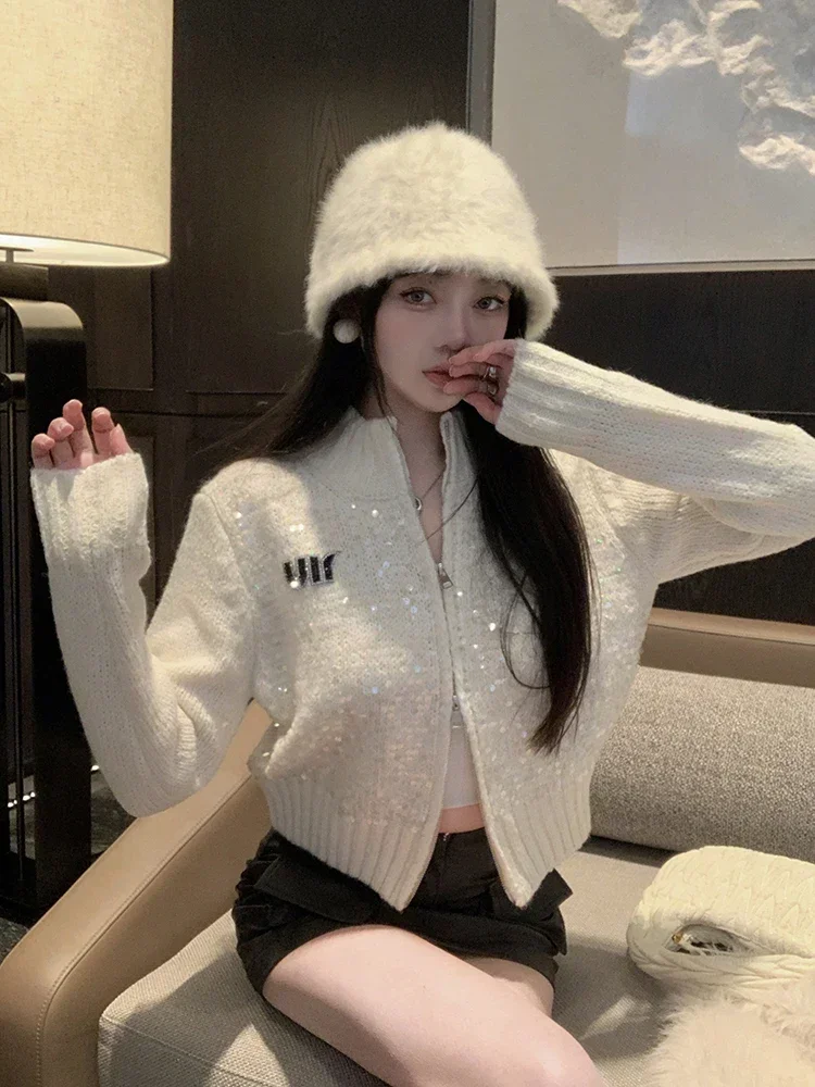 Autumn Winter Retro White Letters Embroidery Sequins Knitted Cropped Cardigans Sweater Jacket Women Kawaii Zipper Sweater Tops