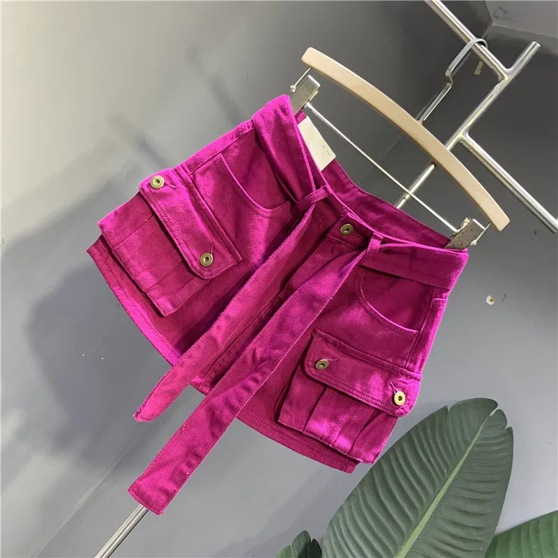 Fashion Streetwear Pitaya Color Denim Skirt 2023 Spring and Autumn Personality Three-Dimensional Workwear with Pocket Hip Skirt