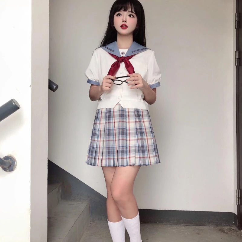 Japanese Jk Uniform Summer Sailor Collar Pocket Blue Short Sleeves Top Light Blue Mini Pleated Skirt Fashion Versatile Set Girls