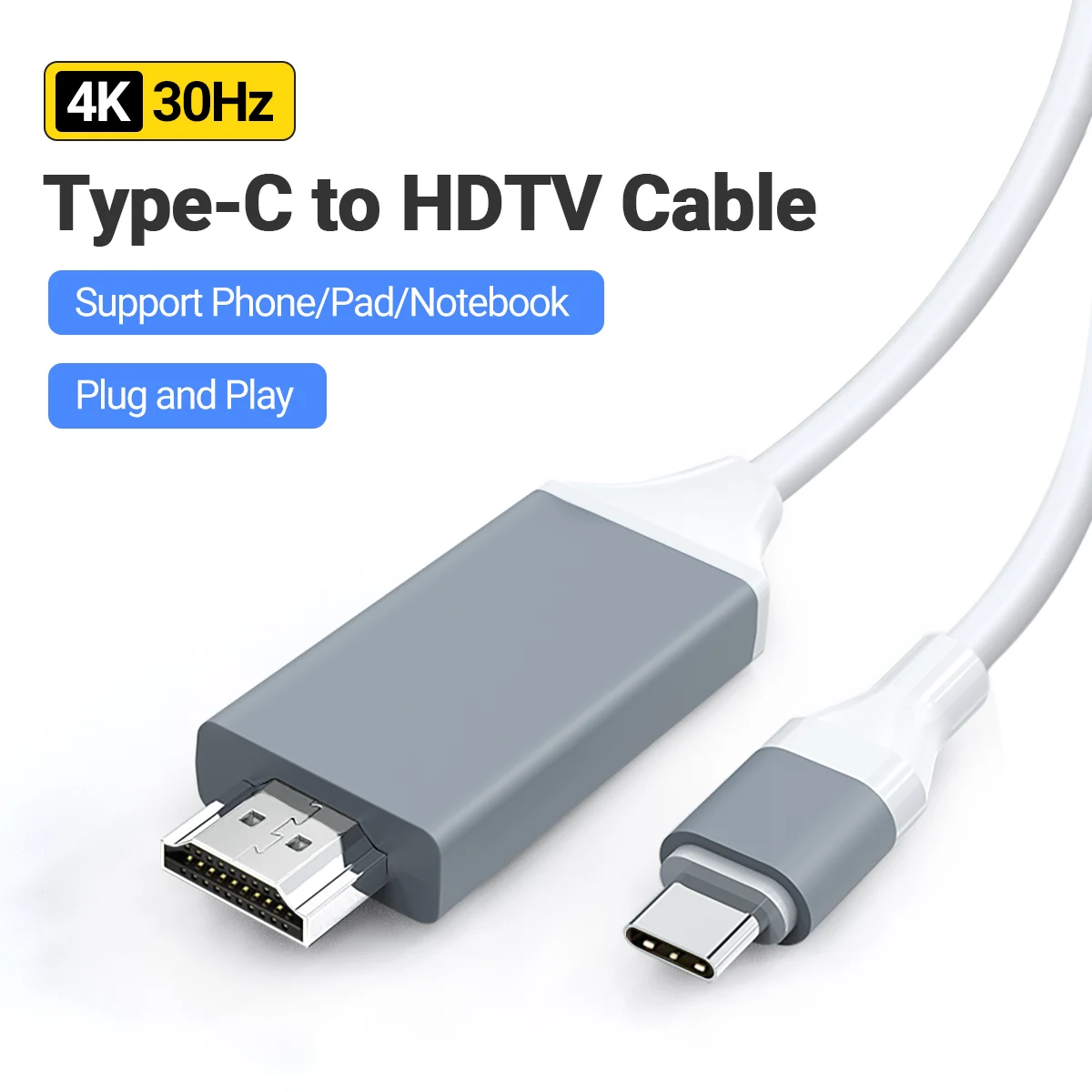 4K30Hz USB C To HDTV Cable, 2M/78.74In Plug & Play High-Resolution Type-C To HDMI Adapter For Mobile Phone,Tablet,Laptop