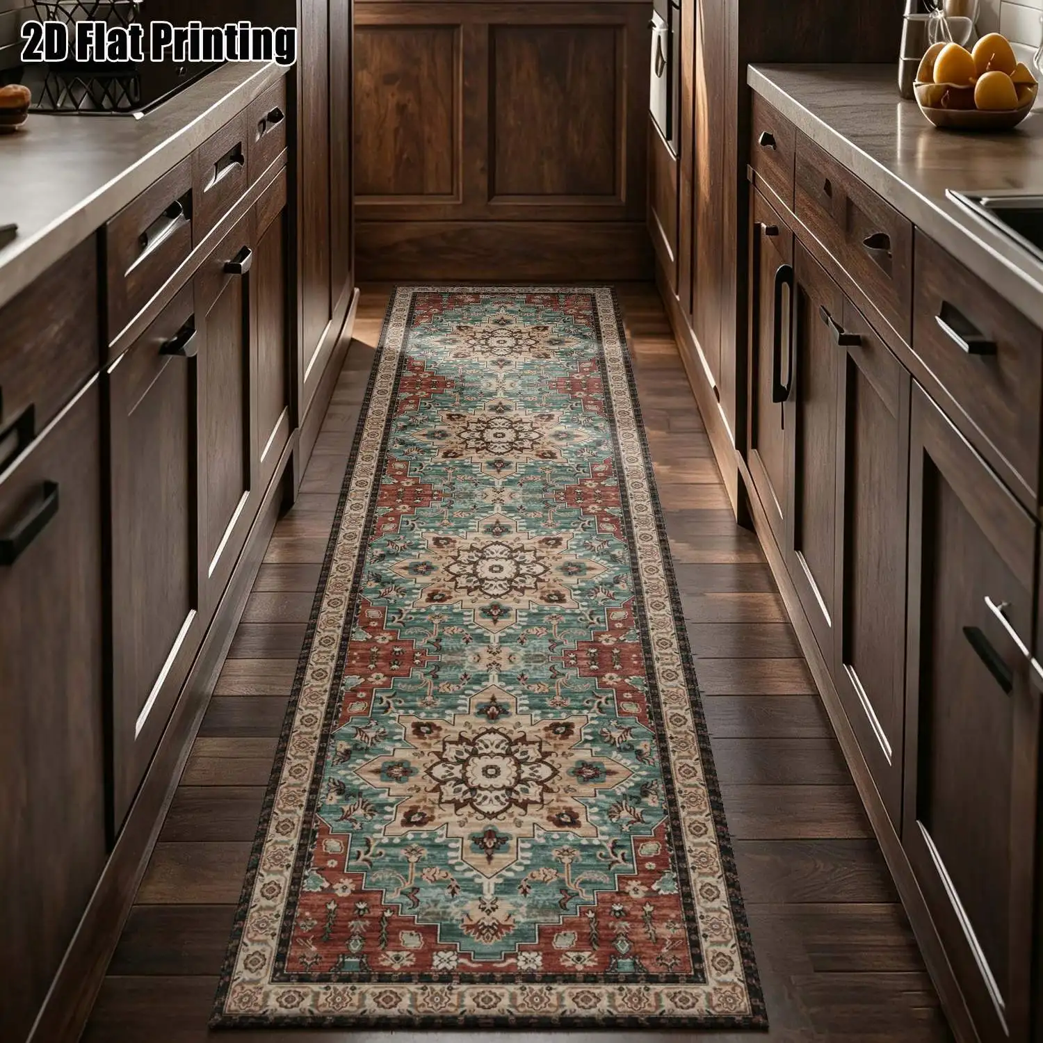 1Pc 2D Printed Long Strip Rug: Blue-Green Geometric/European/Bohemian/Retro Floral Design, Machine Washable, Multi-Size, Ideal for Entryway, Hallway, Living Room, Bedroom Home Decor