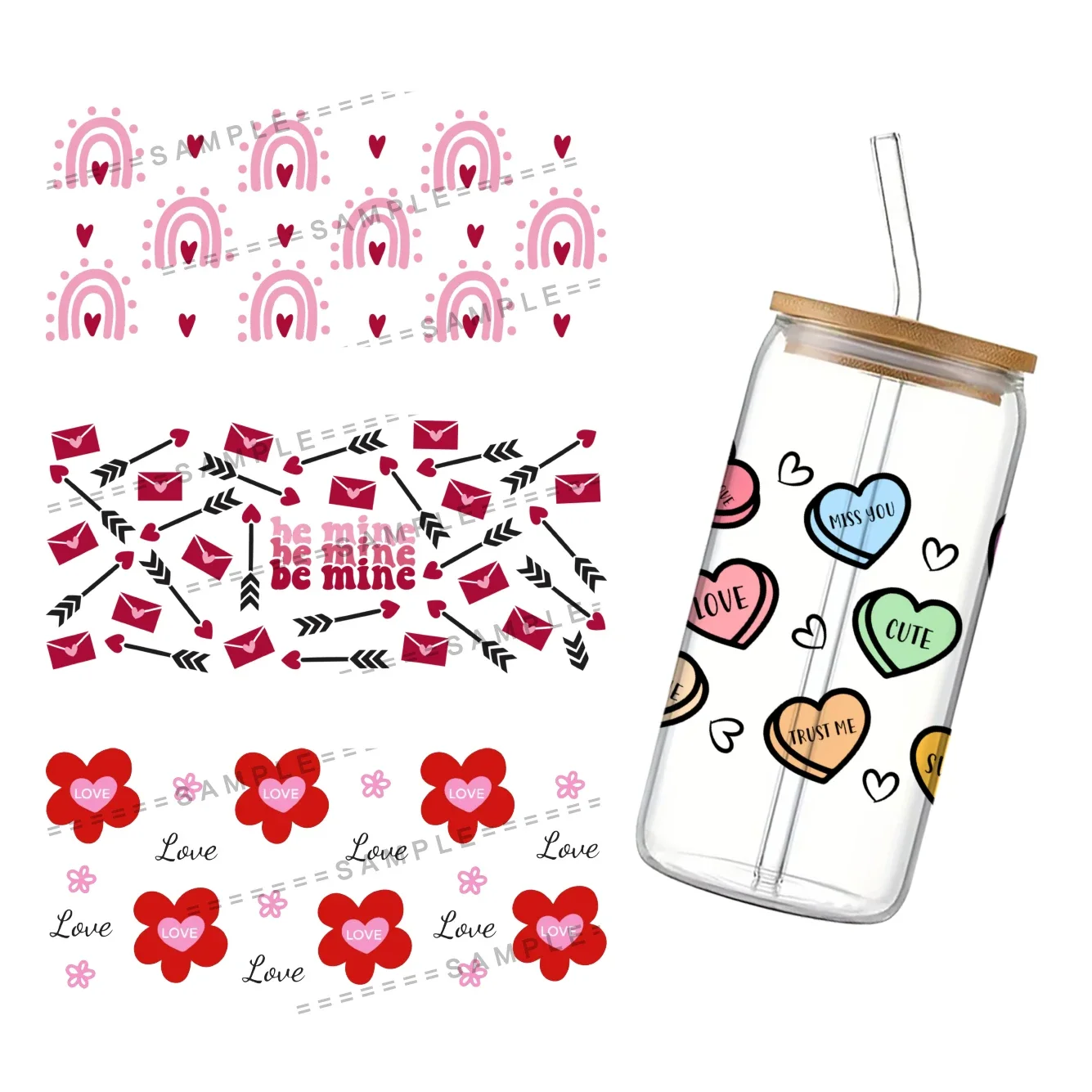 Avvolgitore per tazza UV DTF con cuore colorato per San Valentino per l'adesivo di trasferimento fai-da-te per lattina di vetro Libbey da 16 once