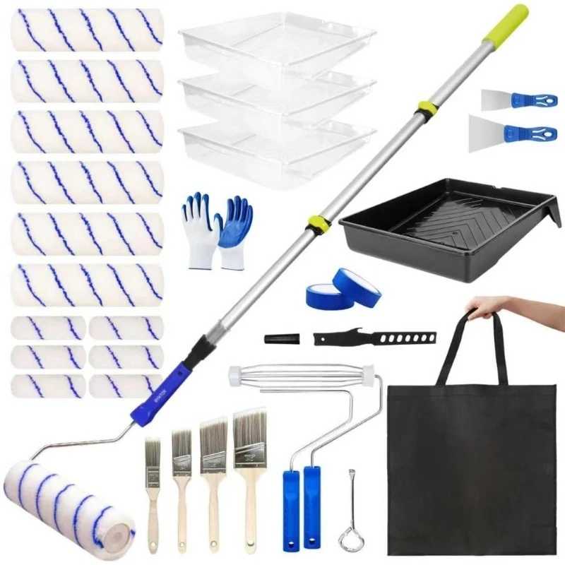 

33 шт. Набор малярных валиков с регулируемым удлинителем, 9 и 4-дюймовыми роликами, втулками, рамочными кистями, лентой для стены, потолка