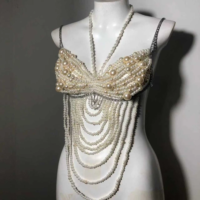 Hand-woven Irregular Plastic Pearls Beaded Breast Chain Bikini Crop Bra Tops Halter Camis Backless Sexy Evening Party Body Chain