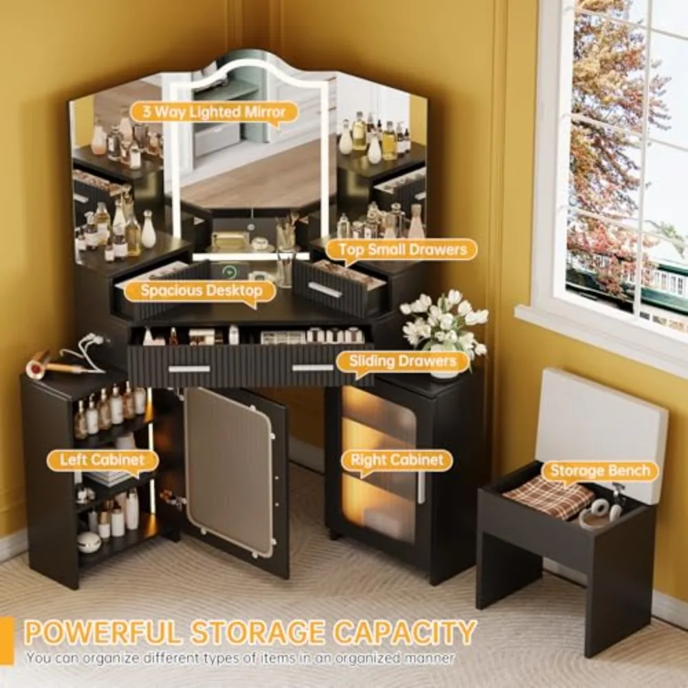 Corner Vanity with Mirror and Lights, Vanity Set with Tri-Way Mirrors | Makeup Vanity with 4 Drawers & 2 Cabinets, Big