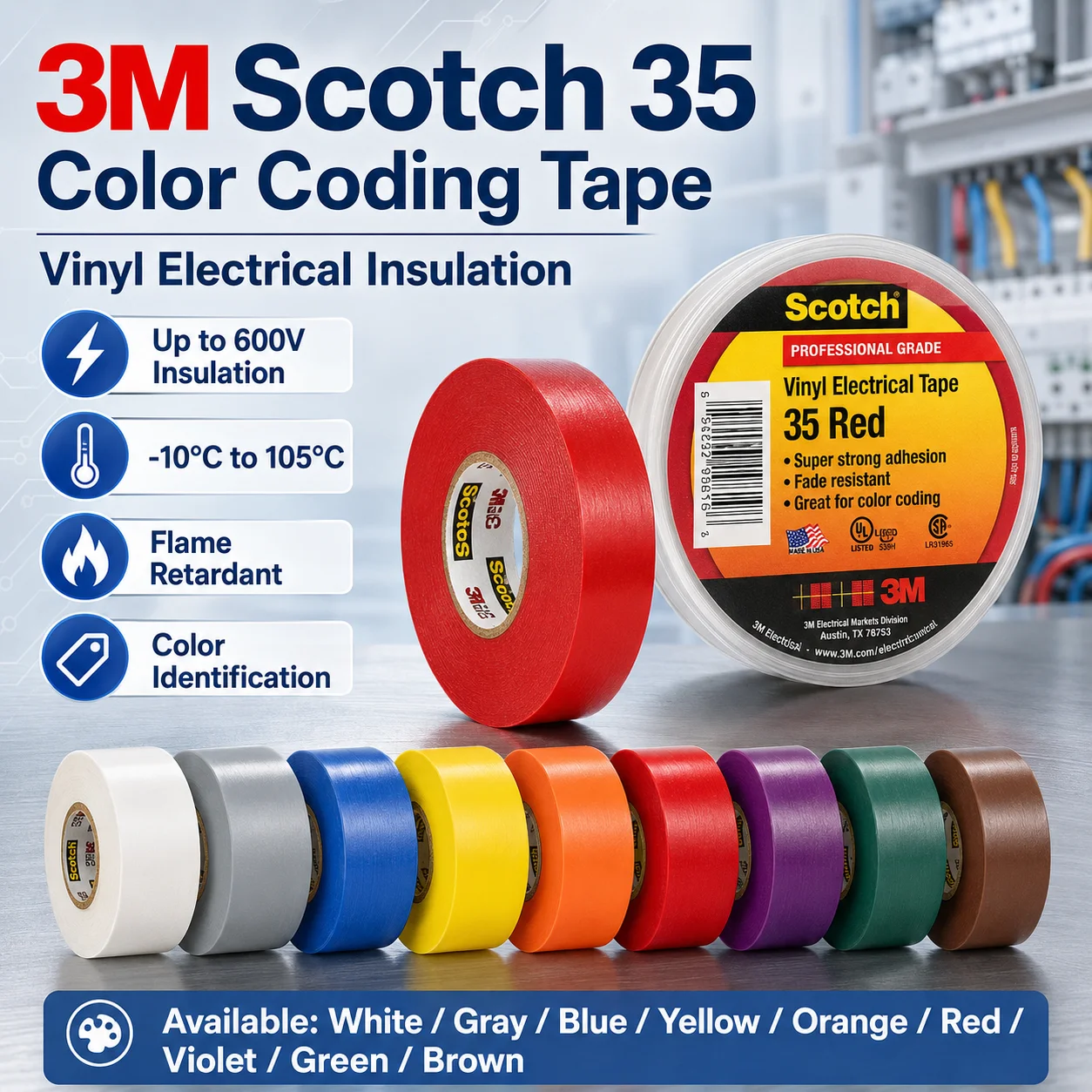 3M Scotch 35 Vinyl Electrical Tape Color Coding 600V Flame Retardant For Wire Cable Phase Identification 19mm x 20.1m