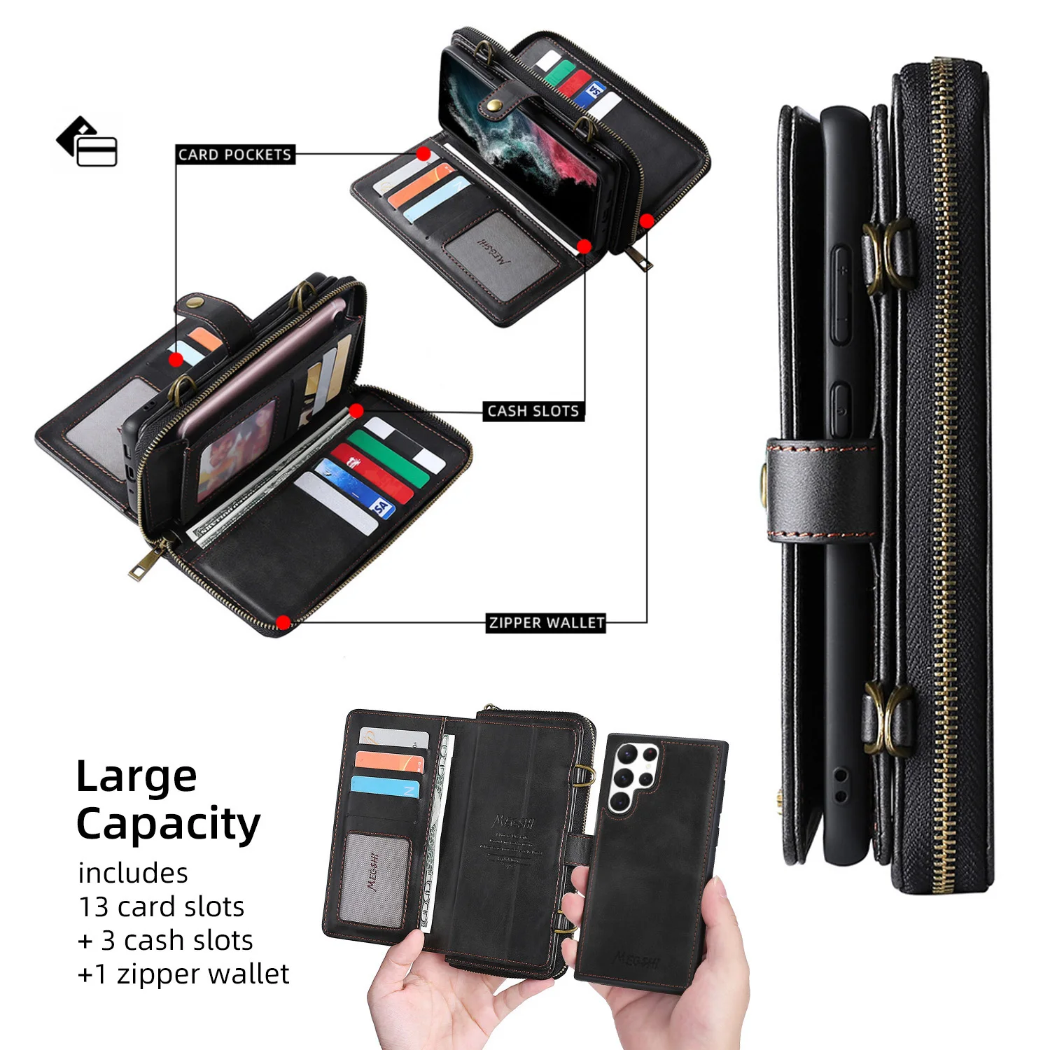 

Yidai-Silu Flip Wallet Case Zipper Detachable Magnetic Shoulder Strap Stand Card Holder PU Cover for Samsung A73 53 33