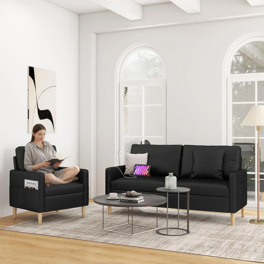 أرائك أريكة من الجلد الصناعي باللون الأسود مقاس 66 بوصة مع USB، طقم غرفة معيشة مكون من قطعتين، مقعد معنقدة حديث من منتصف القرن بمقعدين للمكتب الصغير #1