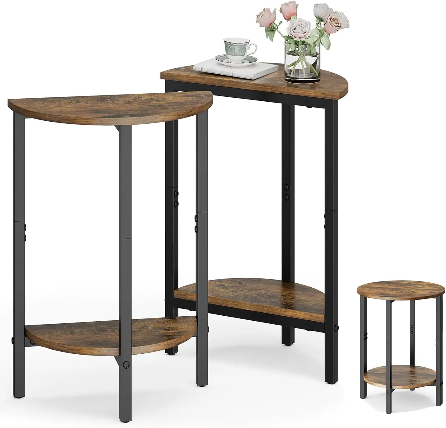 Side Table, Small Round End Table, Set of 2 Half Round Side Table for Living Room, 2 Tier Small Couch Side Tables, Round