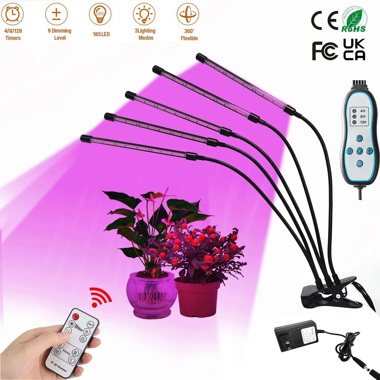 

4/5heads LED Plant Grow Light Indoor Garden 3color Grow Light Full Spectrum Timer Setting Hydroponic Greenhouse 3H/9H/12H