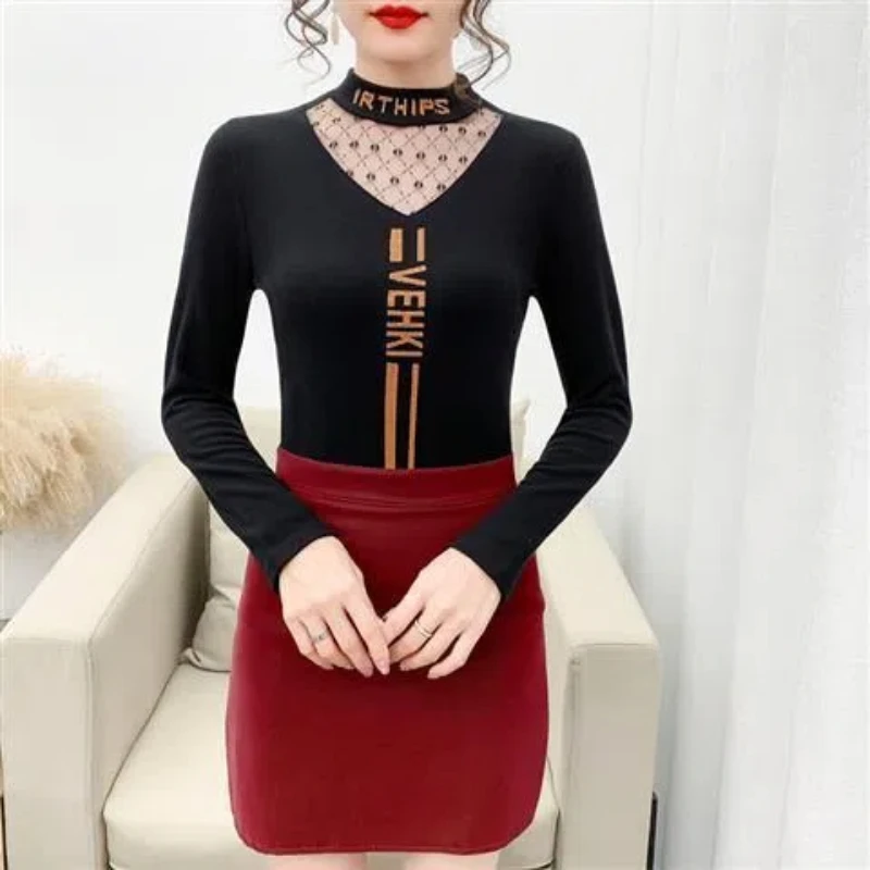Slim All-match Bottoming Shirt Spring Autumn Winter Long Sleeve Hollow Out Vintage T Shirt Tops Fashion Elegant Women Clothing