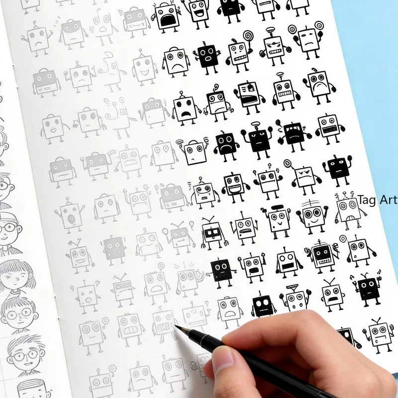 A 40 Page Decompression Sketchbook with Facial Expressions and Coloring, Over 1000 Black and White Line Drawings and Emoticons