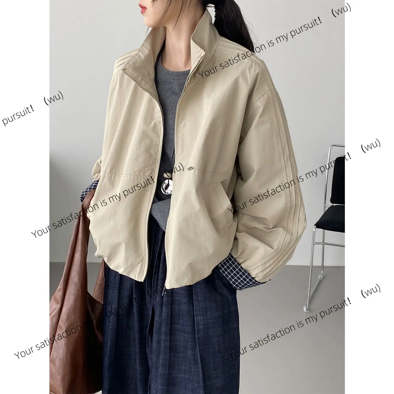 

ZOCI-Loose casual stand-up collar tooling style jacket women's design sense plaid contrasting color short trench coat H2809
