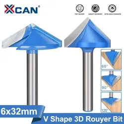 XCAN 1 adet 32mm V şekli freze kesicisi 90 derece ahşap freze uçları CNC frezeler 6mm Shank ahşap kesme gravür Bit