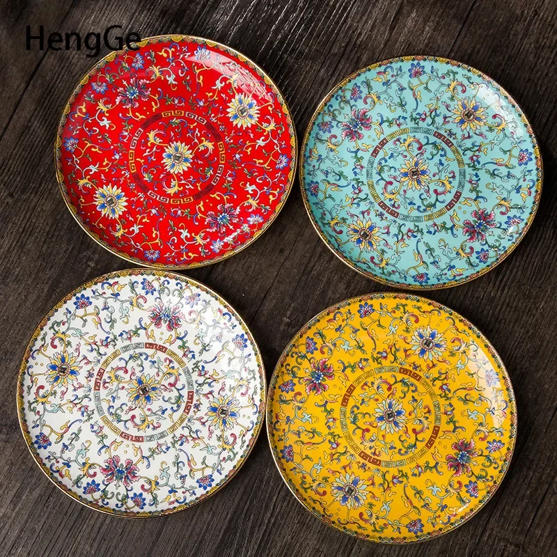 Chinese Ceramic Plates Golden Stroke Enamel Decorative Porcelain Dinner Plate Dinner Steak Pasta Dishes Restaurant Serving Tray