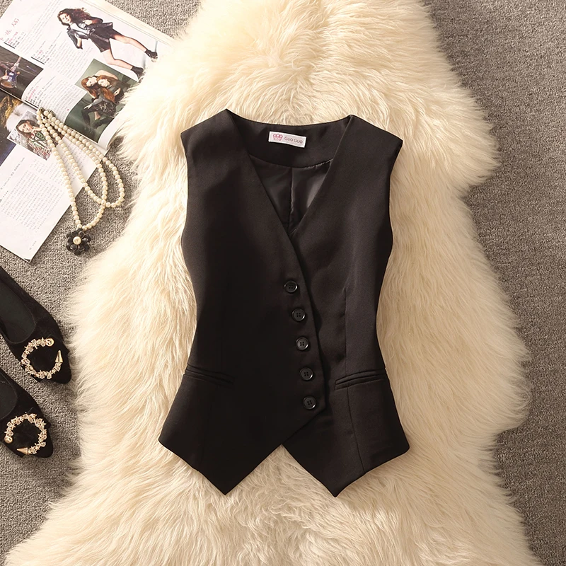 Business Style Women's Slim Fit V-Neck Button up Vest 2026 Spring Fashion Elegant Short Length Back Button Design Polyester