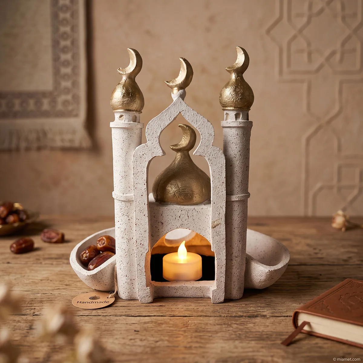 Ramadan Decorative Tray with Mosque Design, Middle Eastern Style Storage Organizer for Electronic Candles & Small Items