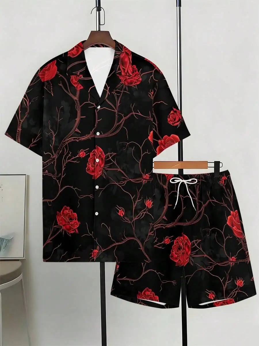 Mens Cuban Collar Shirt And Shorts Set With Red Rose Print Black Background