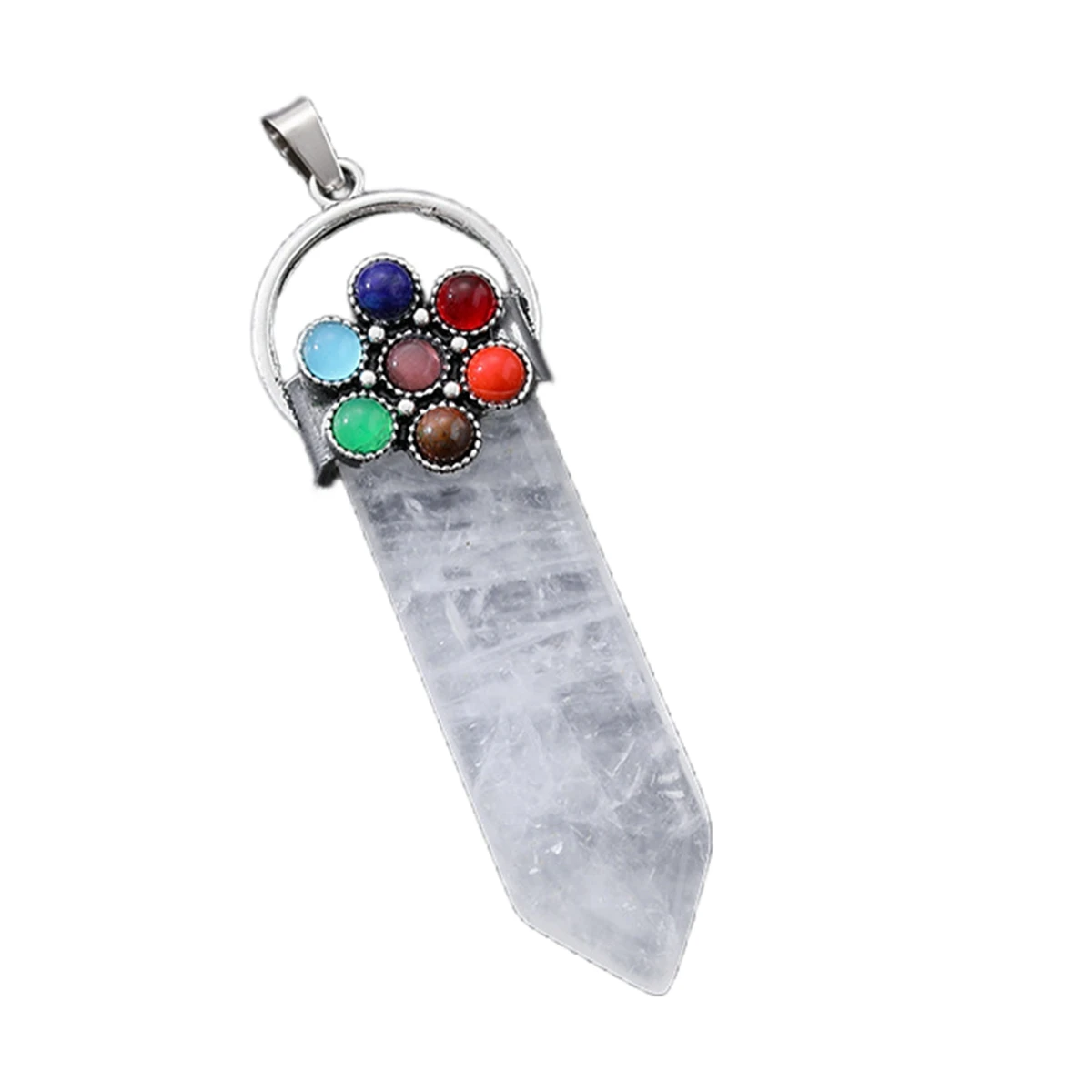 Colgante de piedra en forma de espada hecho a mano de cristal de cuarzo con piedra energética de 7 chakras para hacer joyería, piedras preciosas de flores para mujeres y hombres