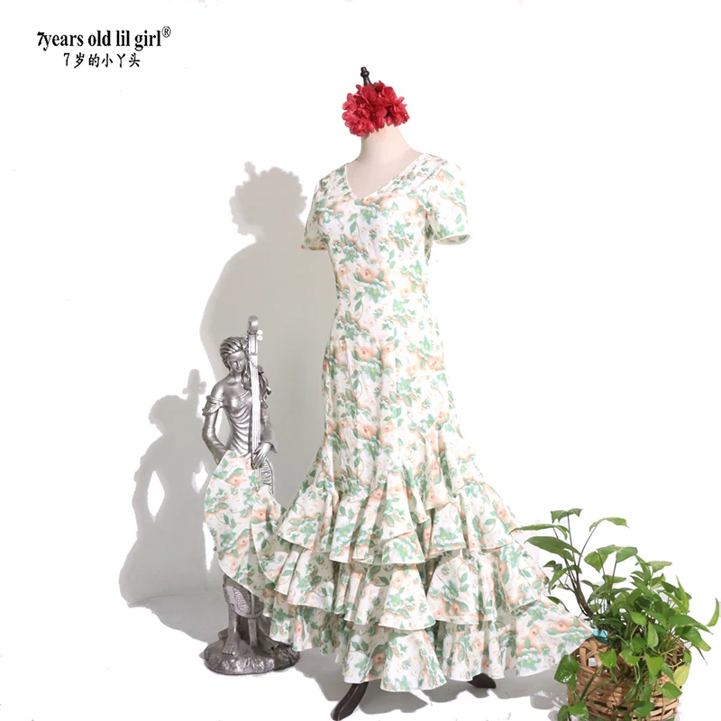 7yearsoldlilgirl 2025 New Spanish Flamenco Dance Cotton Dress  Evening Dresses V Neck Wear Women ENE20