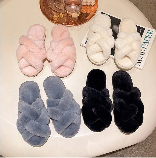 

Spring Cross Plush Women's Fashionable Slippers, Anti Slip Casual Slippers, Comfortable and Warm, Fluffy Flat Cotton Slippers