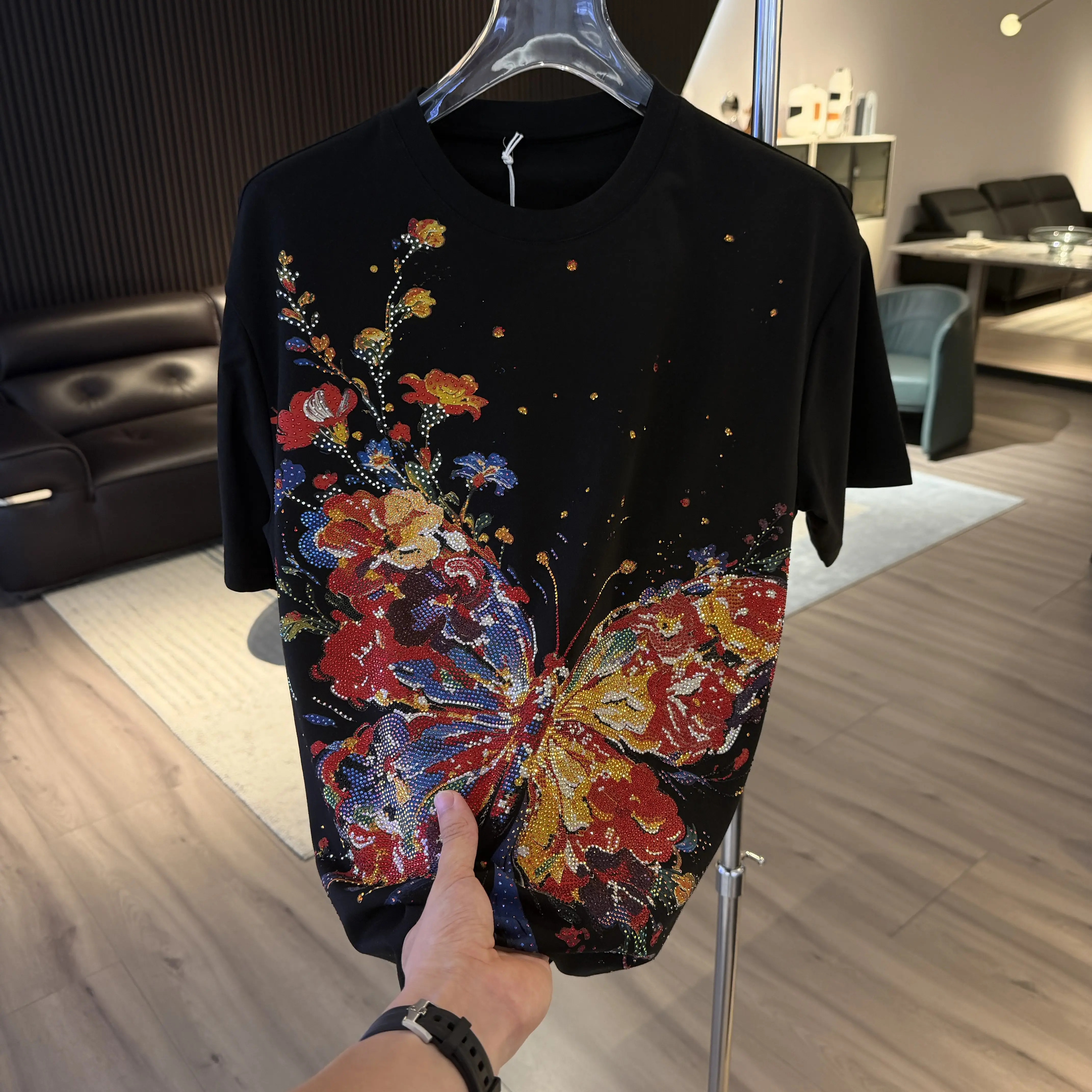 Large Size Spring Summer Male Short Sleeve T-shirt Hot Diamonds Butterfly Round Neck Pullover Top All-match Trendy Cotton Tees