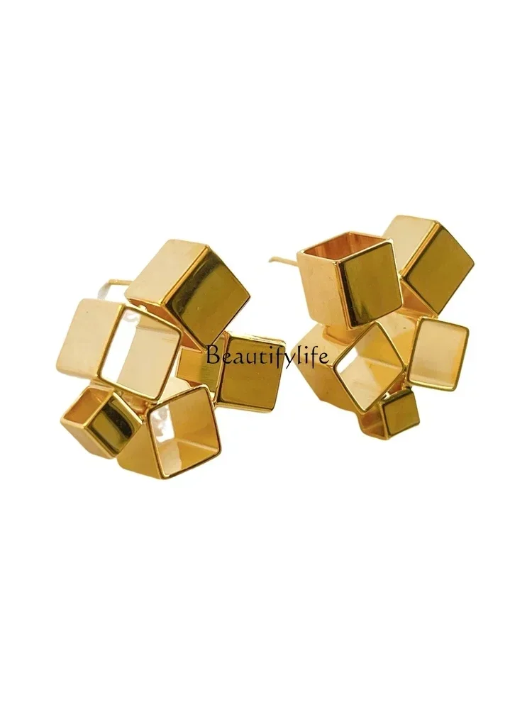 European and American geometric irregular square splicing stud earrings women's metal cold wind temperament ear jewelry