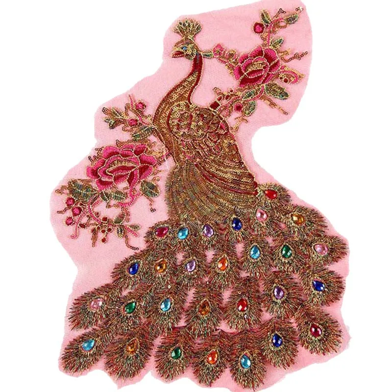 

40*30CM Sequin Peacock Appliques With Rainbow Rhinestone Feather Tail, Flower Lace Embroidered Sew On Patches,Dresses Decoration