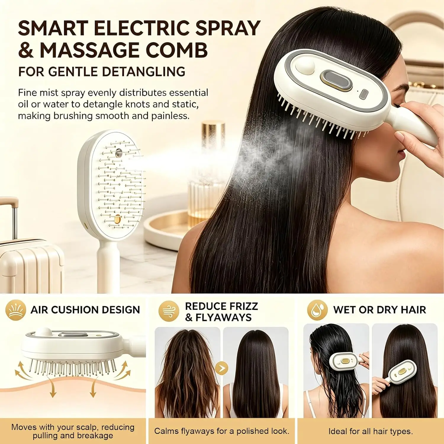 Electric Spray Air Cushions Massage Comb 3 in 1 Self Cleaning Steam Essential Oil Brush Rechargeable Spray Scalp Massager Combs