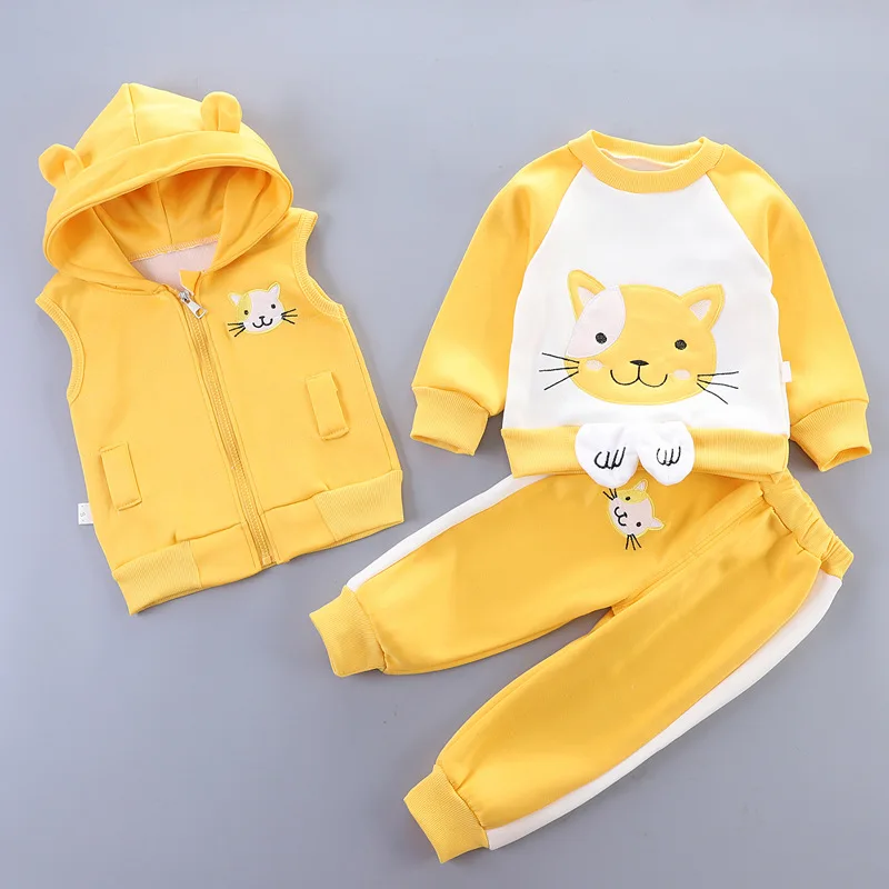 Boys Girls Clothing Sets Autumn Winter Warm Children Suits Kids Casual Top+Vest+Pants 3Pcs Outfits Girls Spring Cartoon SetsBear