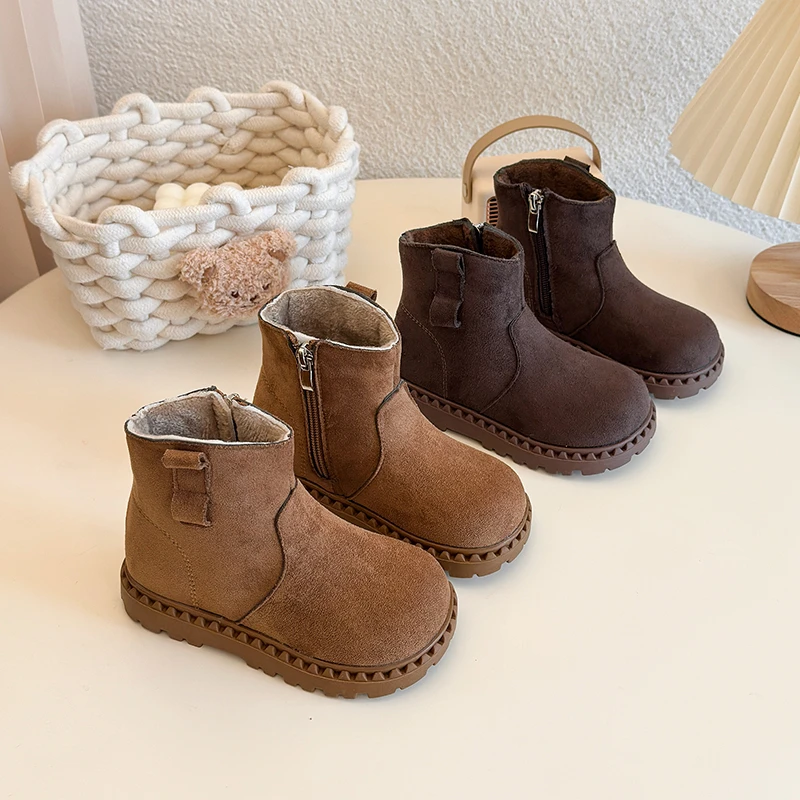 Winter Warm Fur Lined Kids Boots Children Suede Ankle Side Zipper Buckle Anti-slip Sole Casual Daily Footwear for Boys Girls