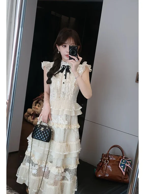 

Elegant Summer Lace Dress Women's Knot Heavy Embroidery Waist Cinched Long Skirt Breathable Thin Cake Skirt Style