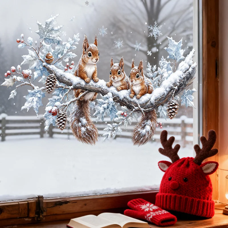 Christmas Winter Squirrel Static Window Clings,3 Squirrels Snowflake Pinecone Red Berry,Double‑Sided Visible Glass Home Decor