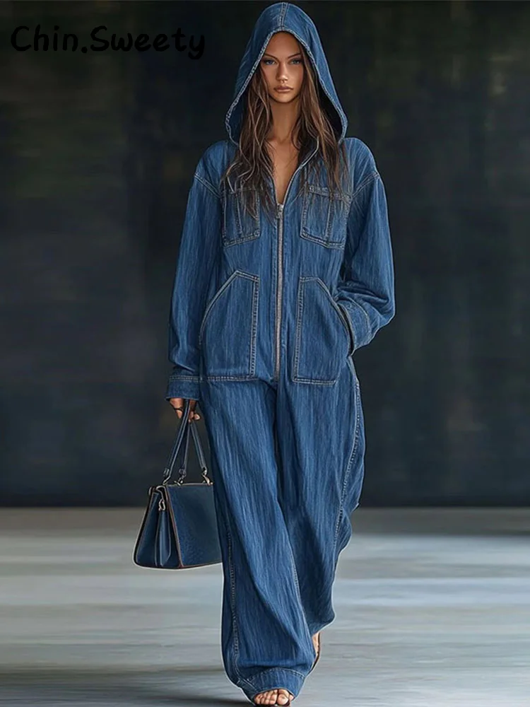 2026 New Women's Denim Hooded Jumpsuit Solid Long Sleeve Zipper Oversized Wide Leg Jumpsuits Spring Lady Street Casual Romper