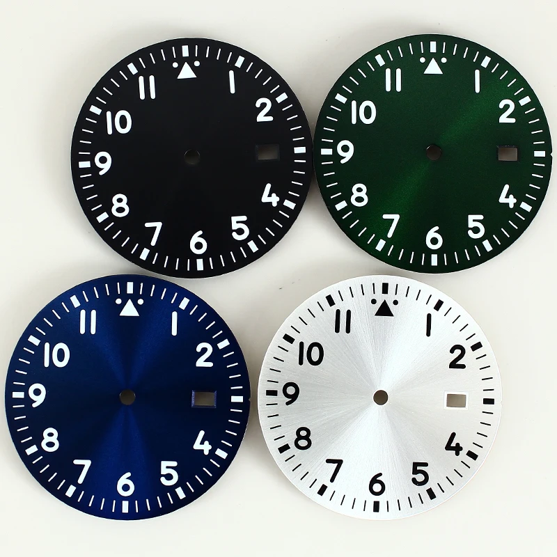 33.8mm No-logo Pilot Watch Dial Green Luminous Single Date Dial Face For NH35 NH36 Eta 2824 PT5000 movement Modified Watch Parts