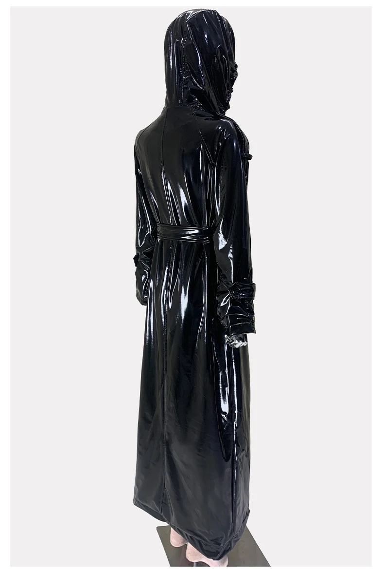 Nerazzurri Autumn Extra Long Shiny Black Soft Patent Pu Leather Trench Coat for Women with Hood Double Breasted European Fashion