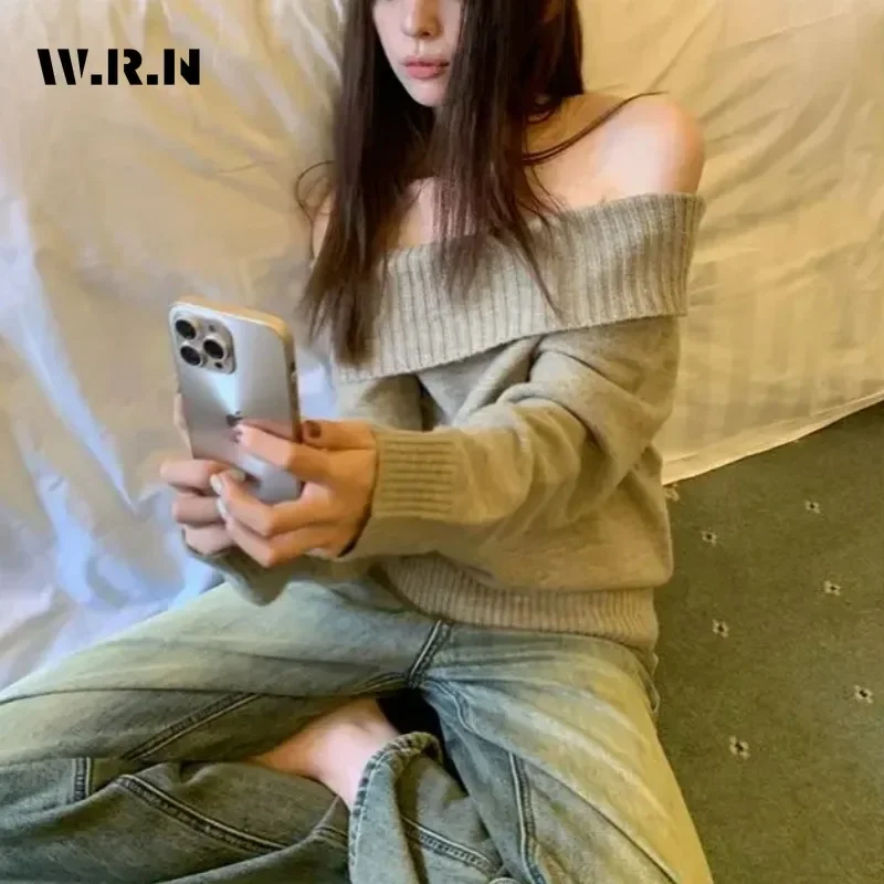 2024 Winter Casual Vintage Knitting Long Sleeve Solid Color Pullovers Korean Fashion Women Chic Slash Neck Coquette Warm Sweater