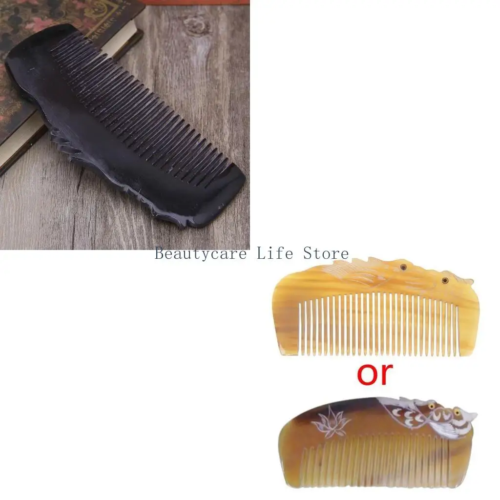 652C New Luxury Natural Horn Hair Comb Handcraft With Mandarin Duck Carvings Handle