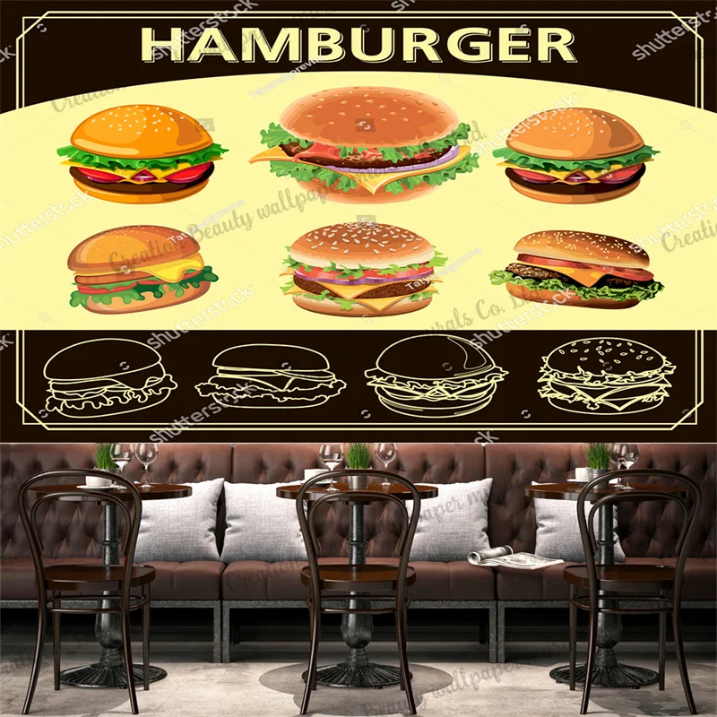 

Hand-painted Cheese Burger Wallpaper Industrial Decorative Mural Fast Food Restaurant Snack Bar Background Wall Papel Tapiz